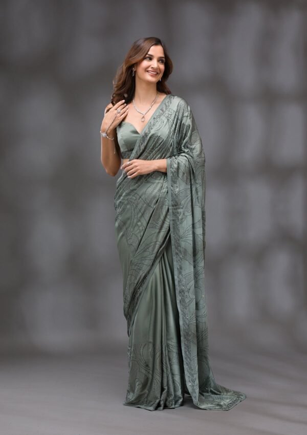 Exquisite Mehendi Swarovski Embellished Crepe Saree - Image 5