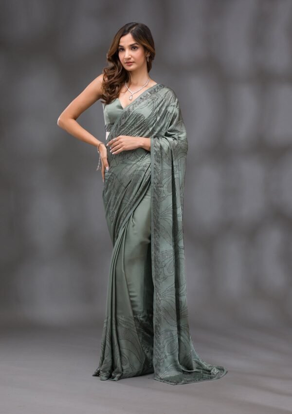 Exquisite Mehendi Swarovski Embellished Crepe Saree - Image 3
