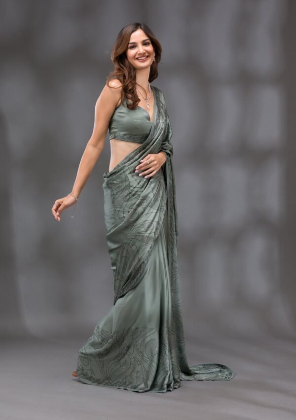 Exquisite Mehendi Swarovski Embellished Crepe Saree - Image 4