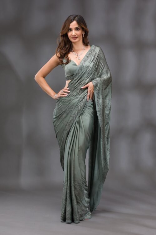 Exquisite Mehendi Swarovski Embellished Crepe Saree