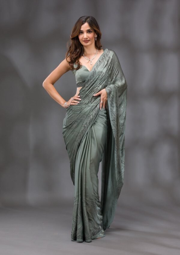 Exquisite Mehendi Swarovski Embellished Crepe Saree
