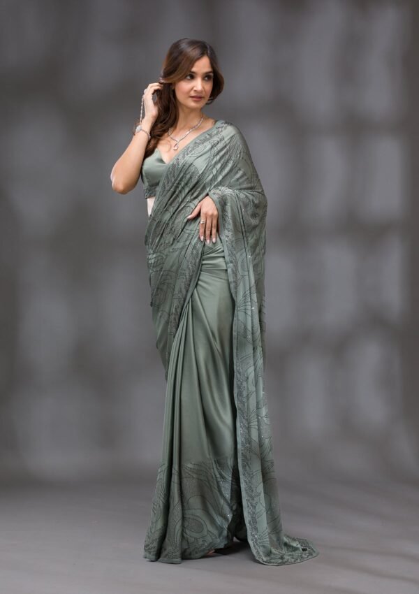 Exquisite Mehendi Swarovski Embellished Crepe Saree - Image 6