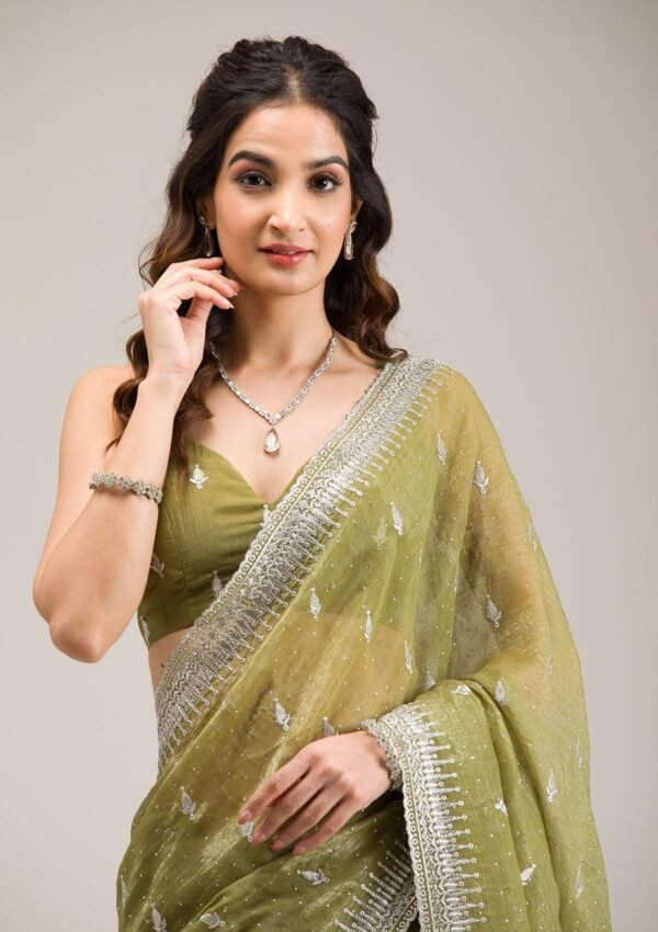 Elegant Mehendi Zari Embroidered Tissue Saree - Image 4