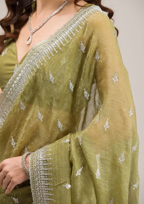 Elegant Mehendi Zari Embroidered Tissue Saree - Image 5