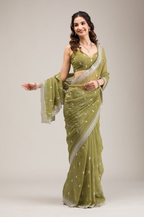 Exquisite Tissue Saree with Elegant Mehendi Zari Embroidery