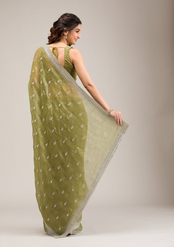 Exquisite Tissue Saree with Elegant Mehendi Zari Embroidery - Image 2