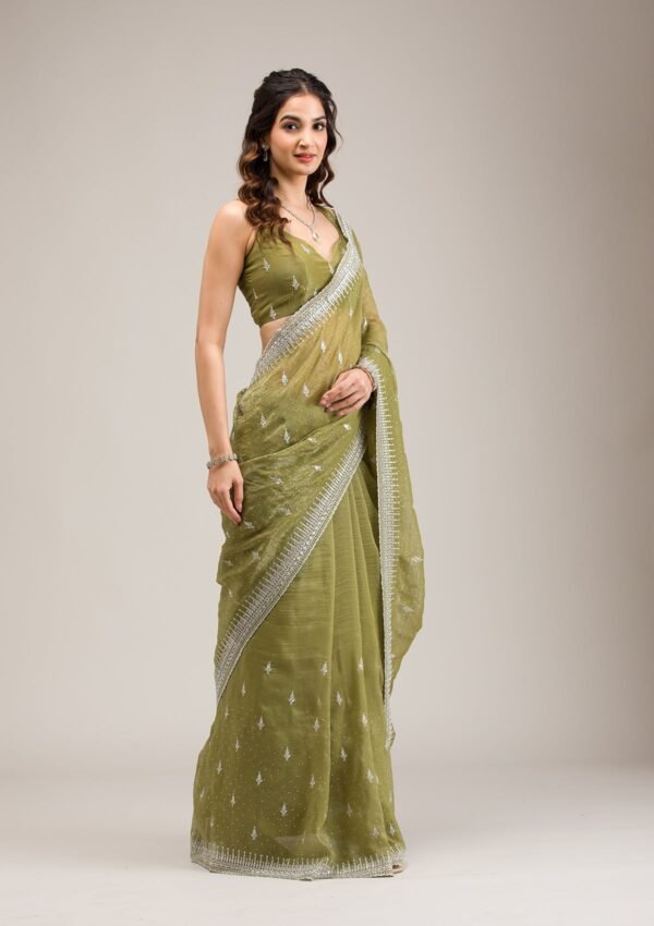 Elegant Mehendi Zari Embroidered Tissue Saree - Image 6
