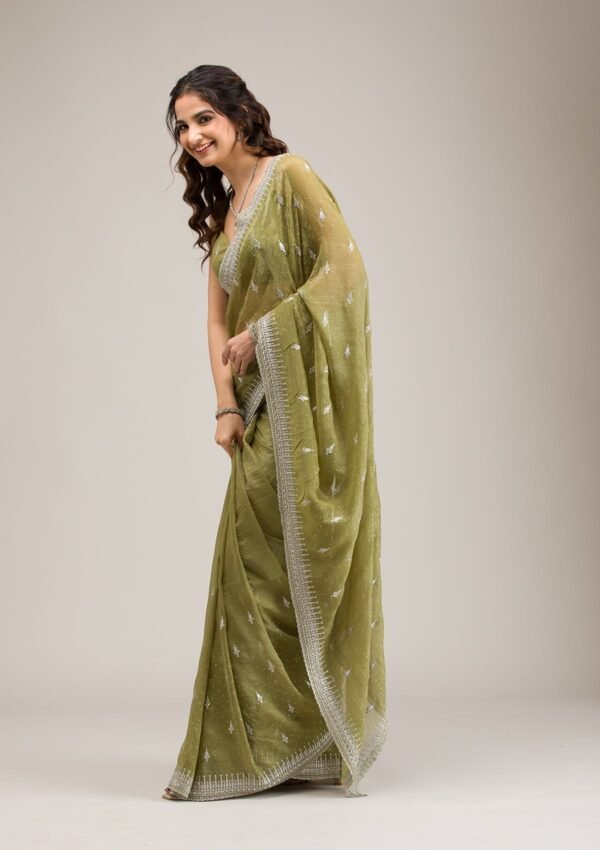 Elegant Mehendi Zari Embroidered Tissue Saree - Image 7