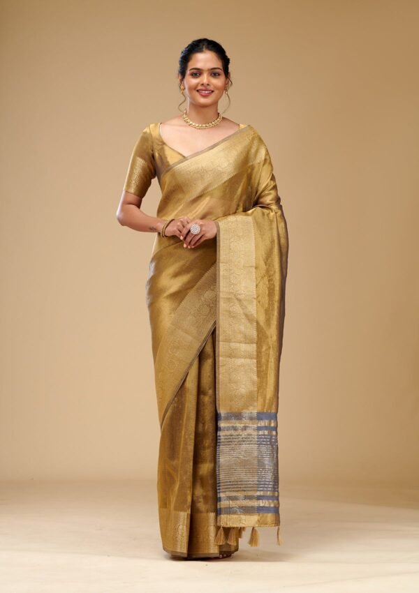 Elegant Mehendi Tissue Saree with Exquisite Zariwork