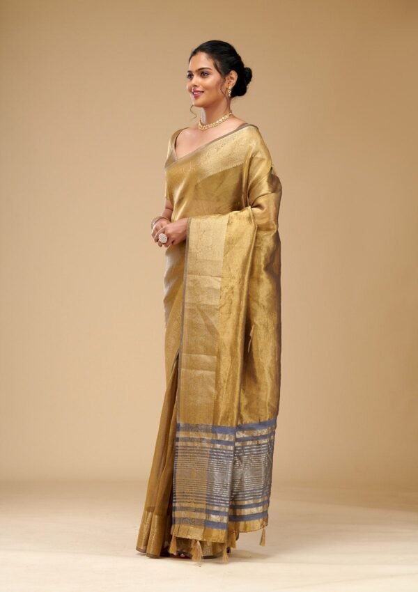 Elegant Mehendi Tissue Saree with Exquisite Zariwork - Image 3