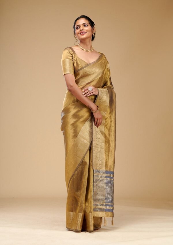 Elegant Mehendi Tissue Saree with Exquisite Zariwork - Image 4