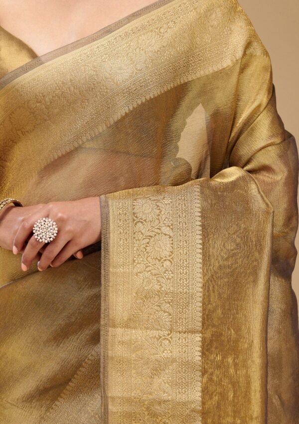 Elegant Mehendi Tissue Saree with Exquisite Zariwork - Image 7