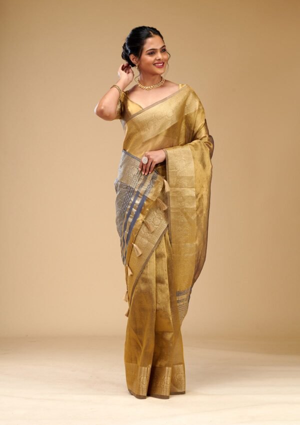 Elegant Mehendi Tissue Saree with Exquisite Zariwork - Image 5