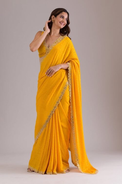 Elegant Mustard Stonework Semi Crepe Saree for a Stunning Look