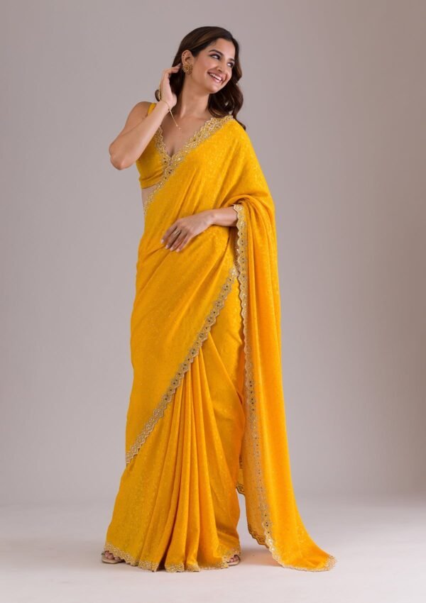 Elegant Mustard Stonework Semi Crepe Saree for a Stunning Look