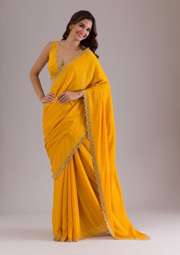 Elegant Mustard Semi Crepe Saree with Exquisite Stonework - Image 4