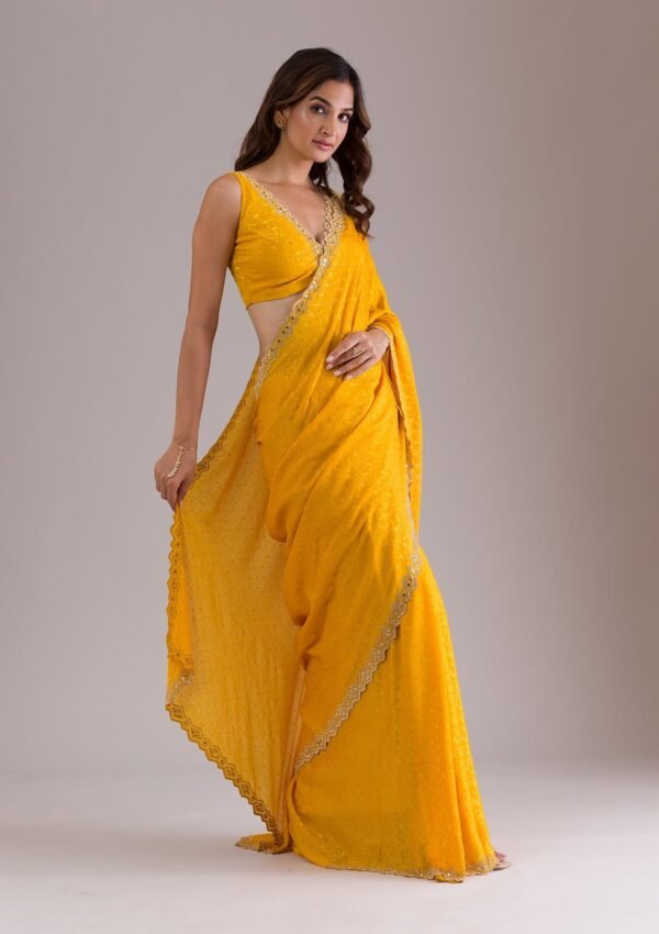 Elegant Mustard Semi Crepe Saree with Exquisite Stonework - Image 5