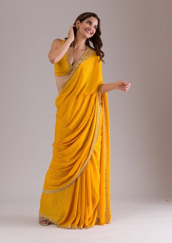 Elegant Mustard Semi Crepe Saree with Exquisite Stonework - Image 6