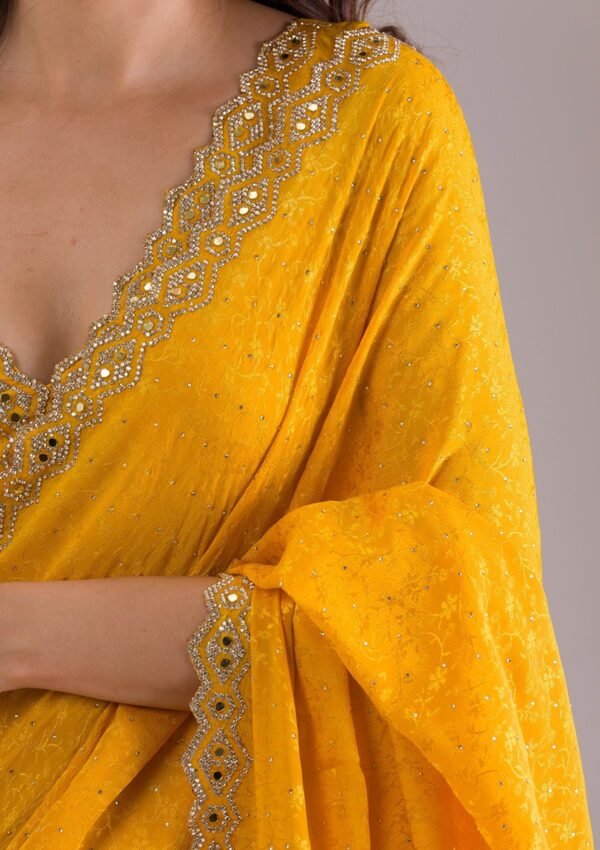 Elegant Mustard Stonework Semi Crepe Saree for a Stunning Look - Image 2