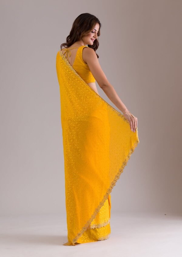 Elegant Mustard Semi Crepe Saree with Exquisite Stonework - Image 3