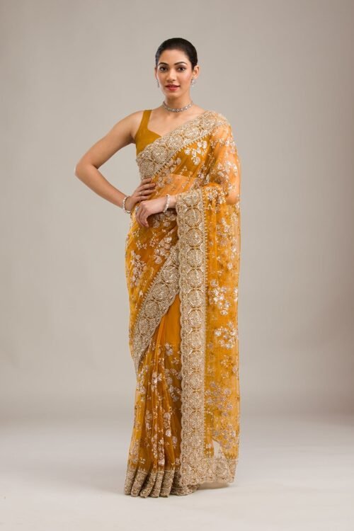 Stunning Mustard Zariwork Net Saree for an Elegant Look