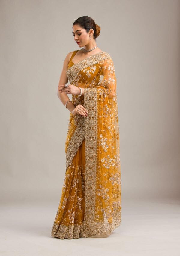 Stunning Mustard Zariwork Net Saree for an Elegant Look - Image 3