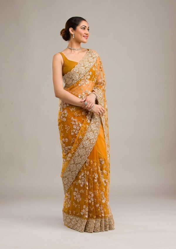 Stunning Mustard Zariwork Net Saree for an Elegant Look - Image 4