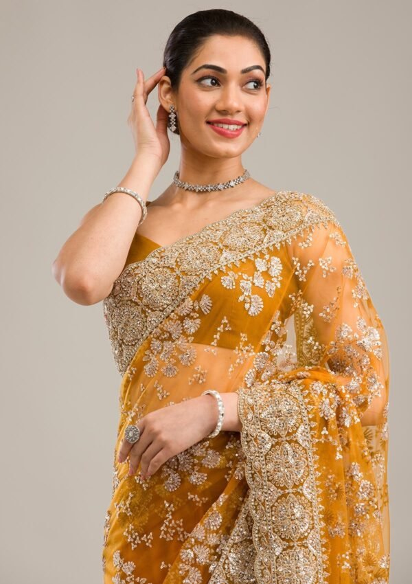 Stunning Mustard Zariwork Net Saree for an Elegant Look - Image 6