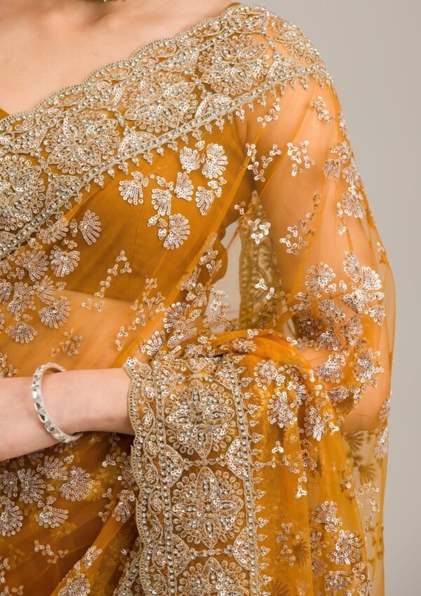 Stunning Mustard Zariwork Net Saree for an Elegant Look - Image 7