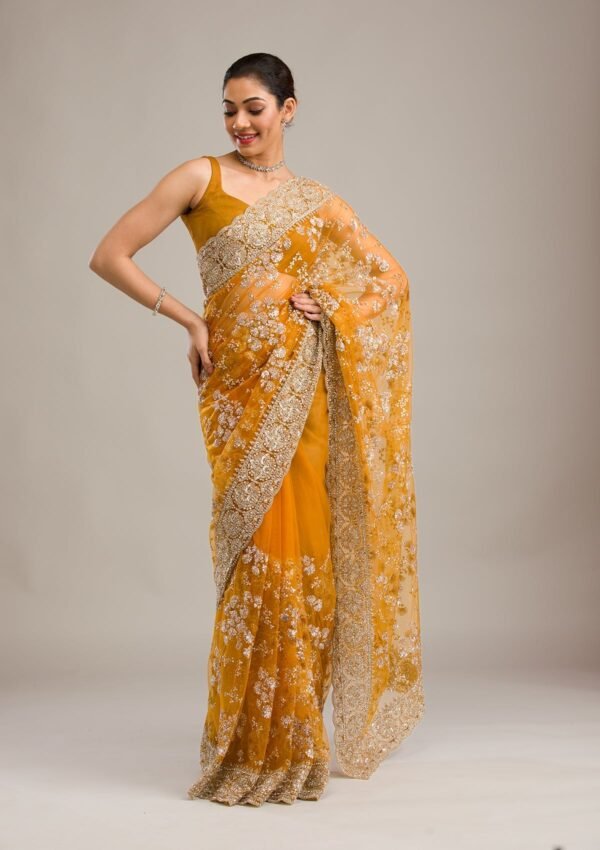 Stunning Mustard Zariwork Net Saree for an Elegant Look - Image 5