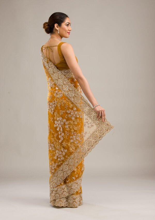 Stunning Mustard Zariwork Net Saree for an Elegant Look - Image 2