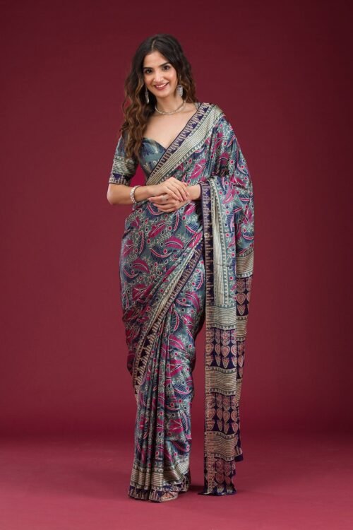 Elegant Navy Blue Silk Saree with Beautiful Prints