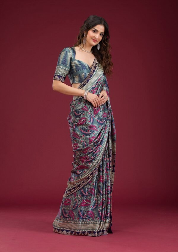 Elegant Navy Blue Silk Saree with Beautiful Prints - Image 5