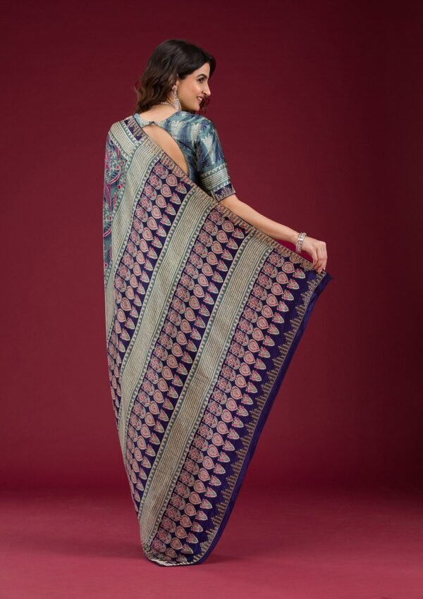 Elegant Navy Blue Silk Saree with Beautiful Prints - Image 2