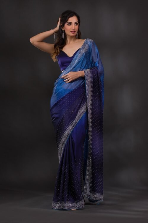 Stunning Ombre Navy Blue Satin Designer Saree with Exquisite Stonework