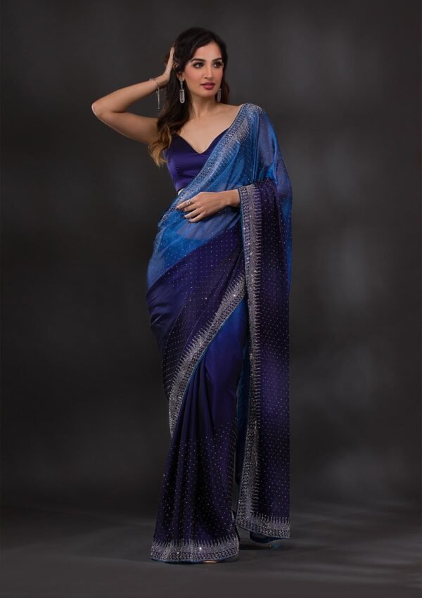 Stunning Ombre Navy Blue Satin Designer Saree with Exquisite Stonework