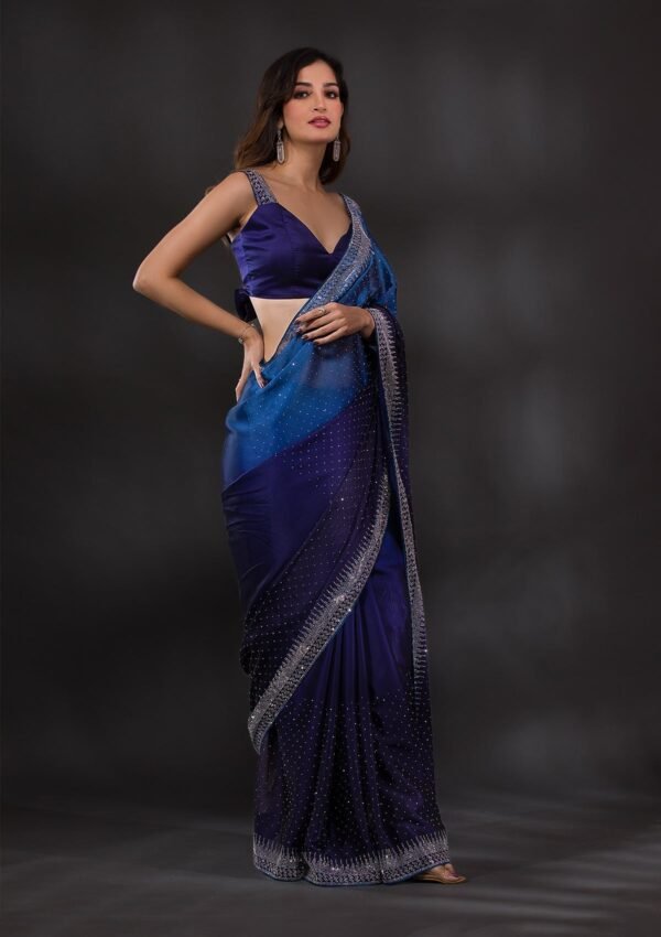 Stunning Ombre Navy Blue Satin Designer Saree with Exquisite Stonework - Image 3