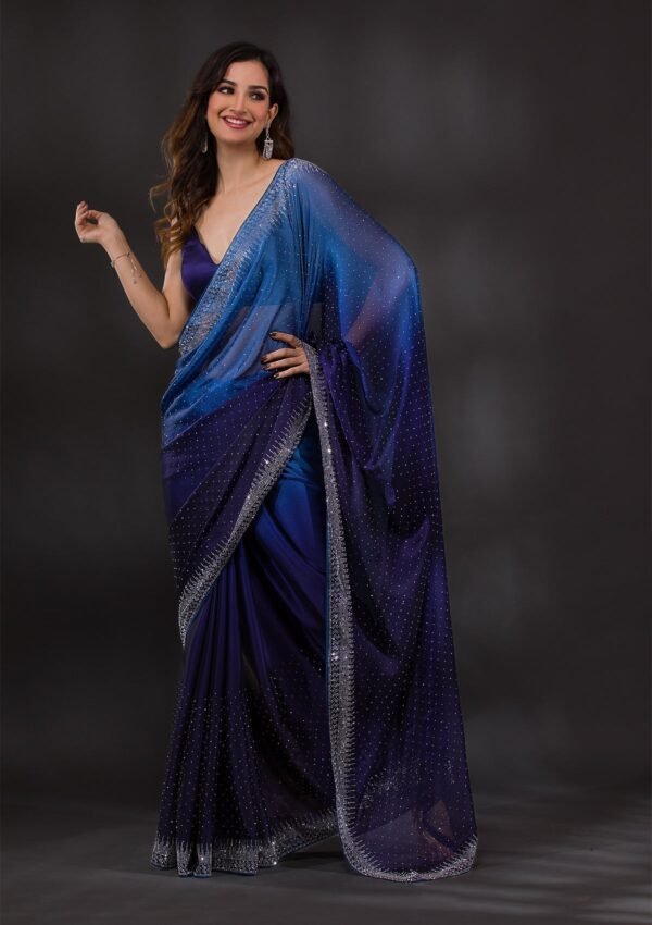 Stunning Ombre Navy Blue Satin Designer Saree with Exquisite Stonework - Image 4