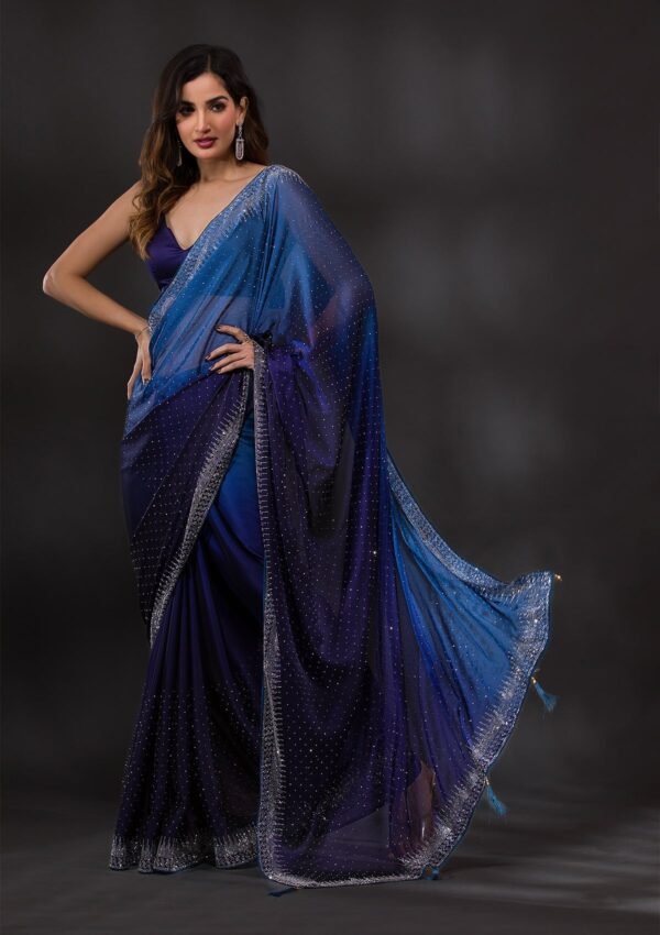 Stunning Ombre Navy Blue Satin Designer Saree with Exquisite Stonework - Image 5