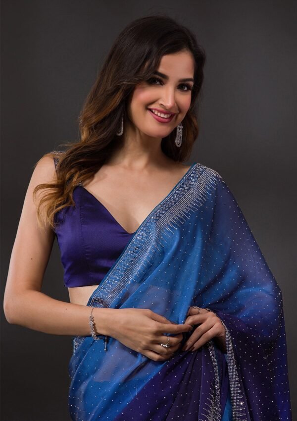 Stunning Ombre Navy Blue Satin Designer Saree with Exquisite Stonework - Image 6