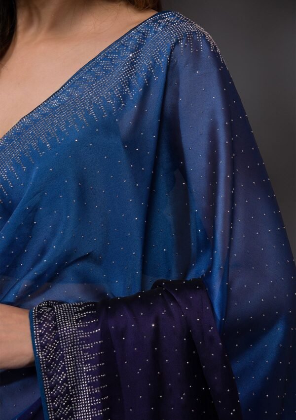 Stunning Ombre Navy Blue Satin Designer Saree with Exquisite Stonework - Image 7