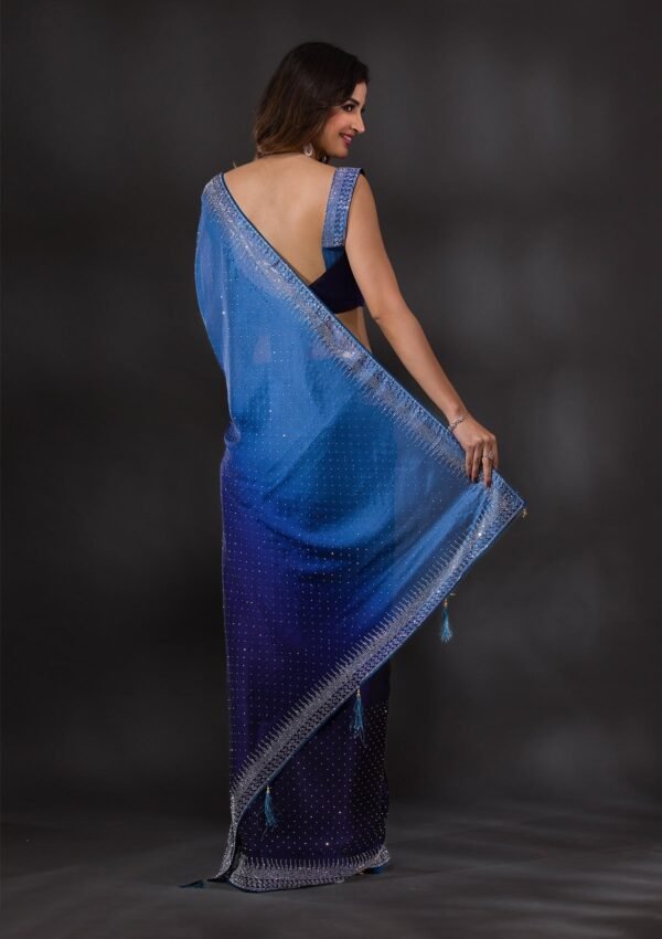 Stunning Ombre Navy Blue Satin Designer Saree with Exquisite Stonework - Image 2