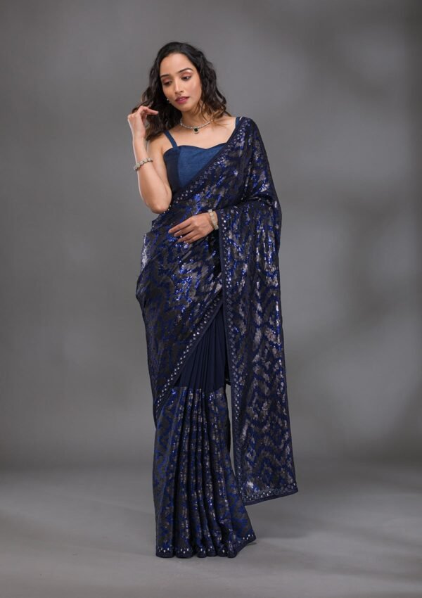 Stunning Navy Blue Georgette Saree Embellished with Glittering Sequins - Image 3