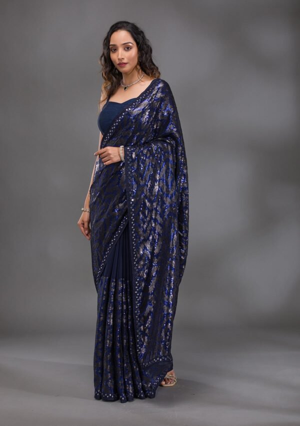 Stunning Navy Blue Georgette Saree Embellished with Glittering Sequins - Image 4