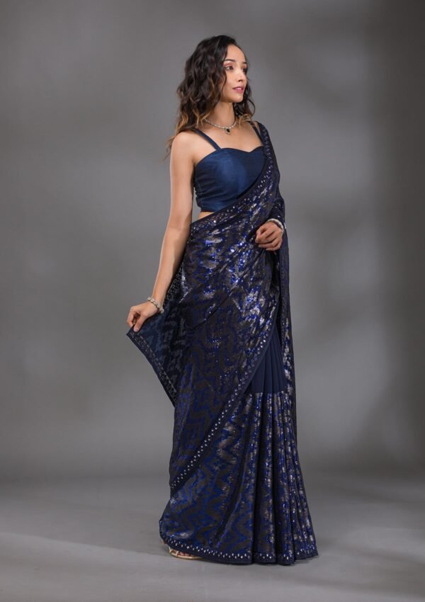 Stunning Navy Blue Georgette Saree Embellished with Glittering Sequins - Image 5