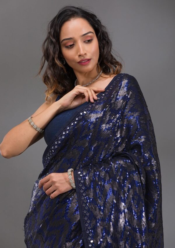 Stunning Navy Blue Georgette Saree Embellished with Glittering Sequins - Image 6