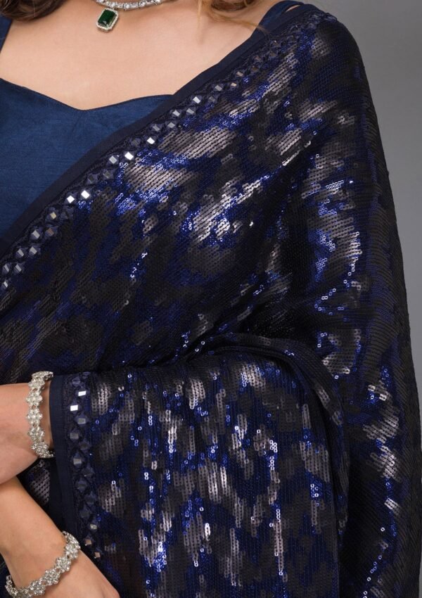 Elegant Navy Blue Georgette Saree with Stunning Sequins - Image 7