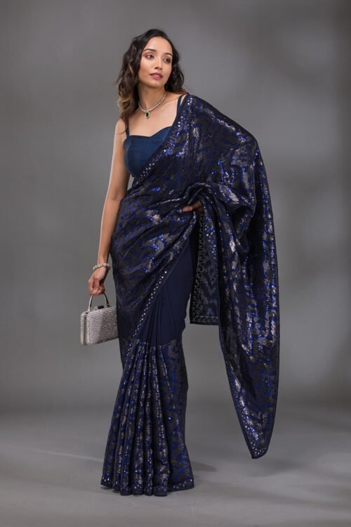 Stunning Navy Blue Georgette Saree Embellished with Glittering Sequins