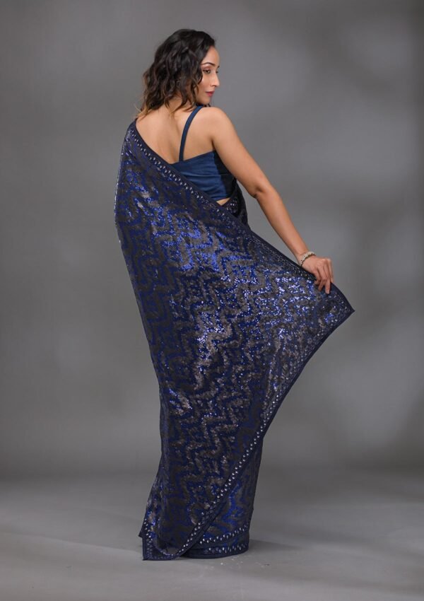Stunning Navy Blue Georgette Saree Embellished with Glittering Sequins - Image 2