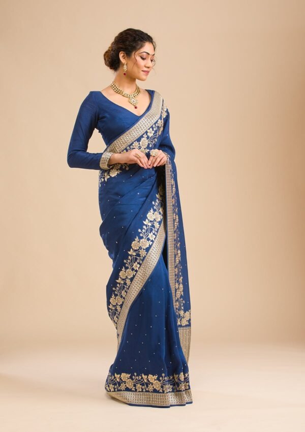 Elegant Navy Blue Banarasi Silk Saree with Exquisite Zari Work - Image 6